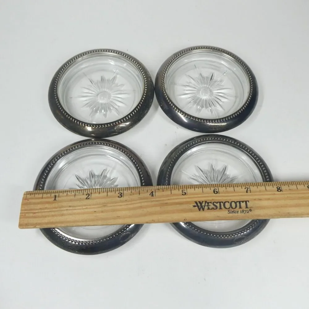 4 Coasters Set Silverplate Rim Crystal W&S Blackington Vintage